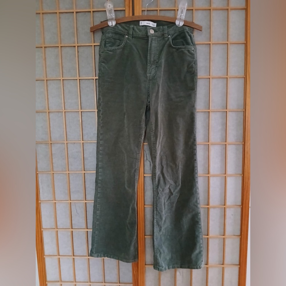 Mango - Forest Green Women's Straight Leg Cropped Corduroy Pants - Size 6